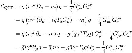 \begin{align} \mathcal{L}_\mathrm{QCD}  & = \bar{q}\left(i \gamma^\mu D_\mu - m \right) q - \frac{1}{4}G^a_{\mu \nu} G^{\mu \nu}_a \\ & = \bar{q}\left(i \gamma^\mu (\partial_\mu + i g T_a G^a_\mu ) - m \right) q - \frac{1}{4}G^a_{\mu \nu} G^{\mu \nu}_a \\ & = \bar{q}\left(i \gamma^\mu \partial_\mu - m \right) q - g \left(\bar{q} \gamma^\mu T_a q \right) G^a_\mu - \frac{1}{4}G^a_{\mu \nu} G^{\mu \nu}_a \\ & = \bar{q} i \gamma^\mu \partial_\mu q  - \bar{q} m q - g \bar{q} \gamma^\mu T_a q G^a_\mu - \frac{1}{4}G^a_{\mu \nu} G^{\mu \nu}_a \\ \end{align}