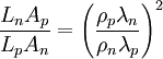 \frac{L_nA_p}{L_pA_n}=\left (\frac{\rho_p\lambda_n}{\rho_n\lambda_p}\right )^2\,