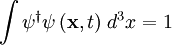 \int \psi^\dagger \psi \, (\mathbf{x},t) \; d^3x = 1