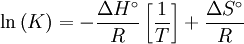 \ln \left( K \right) = - \frac{{\Delta H^\circ }}{R}\left[ {\frac{1}{{T }}}\right] +  \frac{{\Delta S^\circ }}{R}