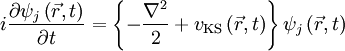 i\frac{\partial\psi_j\left(\vec{r},t\right)}{\partial{t}}=\left\{-\frac{\nabla^2}2+v_{\rm KS}\left(\vec{r},t\right)\right\}\psi_j\left(\vec{r},t\right)