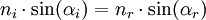 n_{i} \cdot \sin(\alpha_{i}) = n_{r} \cdot \sin(\alpha_{r})