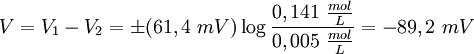 V = V_1- V_2 = \pm ( 61,4\ mV)\log\frac{0,141\ \frac{mol}{L}}{0,005\ \frac{mol}{L}} = -89,2\ mV