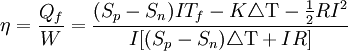 \eta=\frac{Q_f}{W}=\frac{(S_p-S_n)IT_f-K\triangle\mathrm{T}-\frac{1}{2}RI^2}{I[(S_p-S_n)\triangle\mathrm{T}+IR]}\,