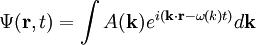 \left.\right. \Psi(\mathbf{r}, t) = \int A(\mathbf{k})e^{i(\mathbf{k}\cdot\mathbf{r}-\omega(k) t)} d\mathbf{k}