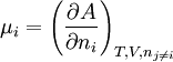 \mu_i = \left( \frac{\partial A}{\partial n_i} \right)_{T,V, n_{j \ne i}}