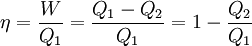 \eta = \frac{W}{Q_1} = \frac{Q_1-Q_2}{Q_1} = 1 - \frac{Q_2}{Q_1}