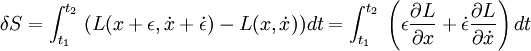 \delta S = \int_{t_1}^{t_2}\; (L(x+\epsilon,\dot x+\dot\epsilon) - L(x,\dot x))dt = \int_{t_1}^{t_2}\; \left( \epsilon{\partial L\over\partial x} +  \dot\epsilon{\partial L\over\partial \dot x}  \right)dt