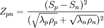 Z_{pn}=\frac{(S_p-S_n)^2}{(\sqrt{\lambda_p\rho_p}+\sqrt{\lambda_n\rho_n})^2}\,