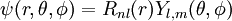 \psi(r, \theta, \phi) = R_{nl}(r)Y_{l,m}(\theta,\phi) \,\!