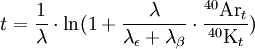 t=\frac{1}{\lambda}\cdot \ln(1+\frac{\lambda}{\lambda_\epsilon+\lambda_\beta}\cdot\frac{{}^{40}\mathrm{Ar}_t}{{}^{40}\mathrm{K}_t})