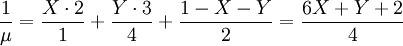 \frac{1}{\mu}=\frac{X \cdot 2}{1}+\frac{Y \cdot 3}{4}+\frac{1-X-Y}{2}=\frac{6X+Y+2}{4}