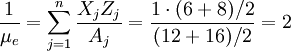 \frac{1}{\mu_e} = \sum_{j=1}^n \frac{X_jZ_j}{A_j}=\frac{1 \cdot (6+8)/2}{(12+16)/2}=2