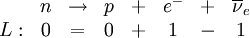 \begin{matrix}  & n & \rightarrow & p & + & e^{-} & + & {\overline{\nu}}_e \\ L: & 0 & = & 0 & + & 1 & - & 1 \end{matrix}