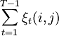 \displaystyle\sum_{t=1}^{T-1}{\xi_{t}(i,j)}