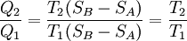 \frac{Q_2}{Q_1} = \frac{T_2 (S_B - S_A)}{T_1 (S_B - S_A)} = \frac{T_2}{T_1}