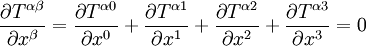 \frac{\part T^{\alpha\beta}}{\part x^\beta} =\frac{\part T^{\alpha 0}}{\part x^0}+ \frac{\part T^{\alpha 1}}{\part x^1}+\frac{\part T^{\alpha 2}}{\part x^2}+\frac{\part T^{\alpha 3}}{\part x^3}=0