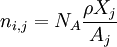 n_{i,j} = N_A \frac{\rho X_j}{A_j}