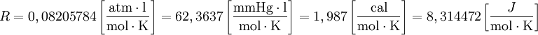 \qquad R = 0,08205784 \left [ \frac{\textrm{atm} \cdot \textrm{l}}{\textrm{mol} \cdot \textrm{K}} \right ] = 62,3637 \left [ \frac{\textrm{mmHg} \cdot \textrm{l}}{\textrm{mol} \cdot \textrm{K}}\right] = 1,987 \left [ \frac{\textrm{cal}}{\textrm{mol} \cdot \textrm{K}} \right ] = 8,314472 \left [ \frac{J}{\textrm{mol} \cdot \textrm{K}} \right ]