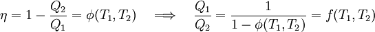 \eta = 1 - \frac{Q_2}{Q_1} = \phi (T_1,T_2) \quad \Longrightarrow \quad \frac{Q_1}{Q_2} = \frac{1}{1 - \phi (T_1,T_2)} = f(T_1,T_2)