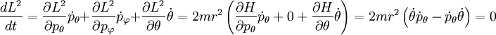 \frac{dL^2}{dt} = \frac{\partial L^2}{\partial p_\theta}\dot{p}_\theta + \frac{\partial L^2}{\partial p_\varphi}\dot{p}_\varphi + \frac{\partial L^2}{\partial \theta}\dot\theta = 2mr^2 \left(\frac{\partial H}{\partial p_\theta}\dot{p}_\theta + 0 + \frac{\partial H}{\partial \theta}\dot\theta\right) =  2mr^2 \left(\dot\theta\dot{p}_\theta - \dot{p}_\theta\dot\theta\right) = 0