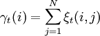 \gamma_{t}(i)=\displaystyle\sum_{j=1}^{N}{\xi_{t}(i,j)}