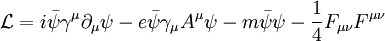 \mathcal{L} = i \bar{\psi} \gamma^\mu \partial_\mu \psi - e\bar{\psi}\gamma_\mu A^\mu \psi -m \bar{\psi} \psi - \frac{1}{4}F_{\mu\nu}F^{\mu\nu}\,