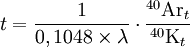 t=\frac{1}{0,1048\times\lambda}\cdot\frac{{}^{40}\mathrm{Ar}_t}{{}^{40}\mathrm{K}_t}