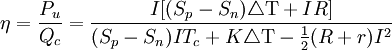 \eta=\frac{P_u}{Q_c}=\frac{I[(S_p-S_n)\triangle\mathrm{T}+IR]}{(S_p-S_n)IT_c+K\triangle\mathrm{T}-\frac{1}{2}(R+r)I^2}\,