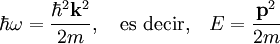 \hbar \omega = \frac{\hbar^2 \mathbf{k}^2}{2m},  \quad \mbox{es decir,} \quad  E = \frac{\mathbf{p}^2}{2 m}