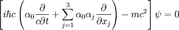 \left[ i\hbar c \left(\alpha_0 \frac{\partial}{c \partial t} + \sum_{j=1}^3 \alpha_0 \alpha_j \frac{\partial}{\partial x_j} \right) - mc^2 \right] \psi = 0